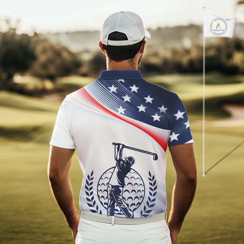 American Flag White Men Golf Polo Shirts Custom Patriotic Mens Golf Top, Golf Gifts NBT547