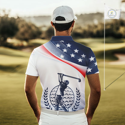 American Flag White Men Golf Polo Shirts Custom Patriotic Mens Golf Top, Golf Gifts NBT547