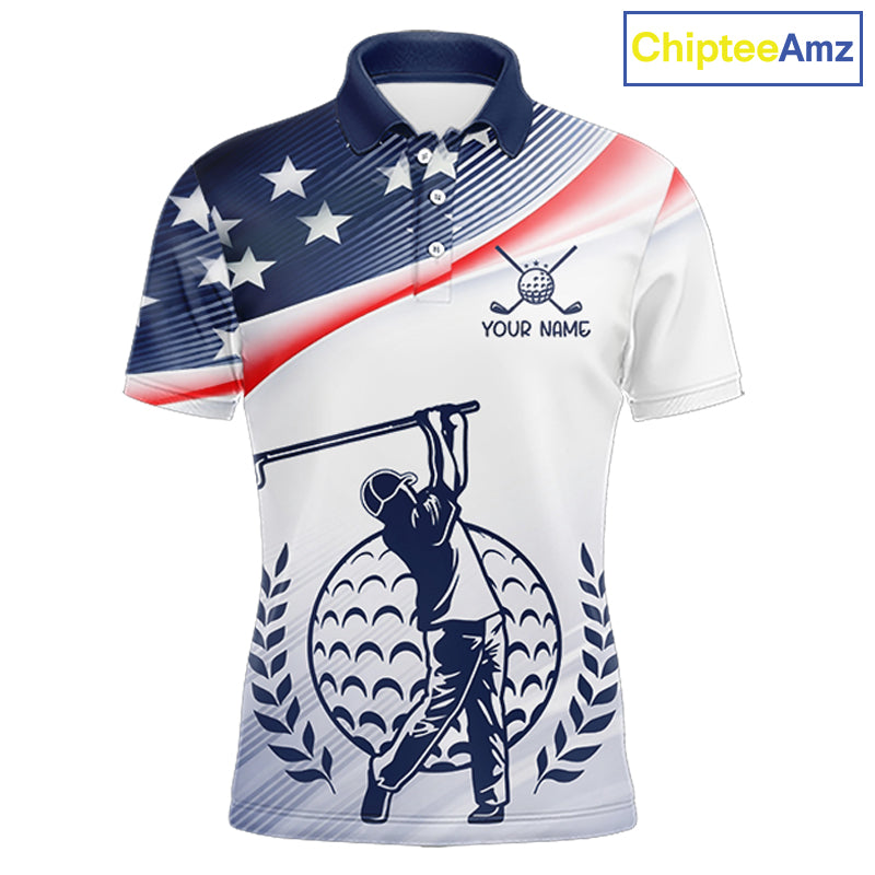 American Flag White Men Golf Polo Shirts Custom Patriotic Mens Golf Top, Golf Gifts NBT547