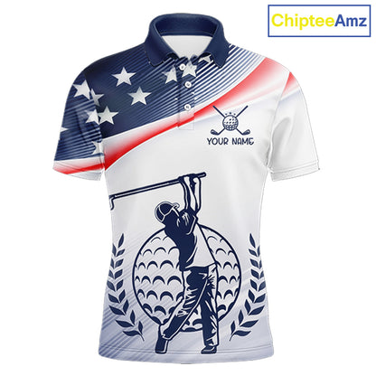 American Flag White Men Golf Polo Shirts Custom Patriotic Mens Golf Top, Golf Gifts NBT547