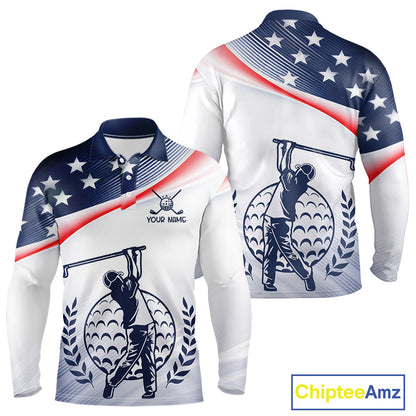 American Flag White Men Golf Polo Shirts Custom Patriotic Mens Golf Top, Golf Gifts NBT547