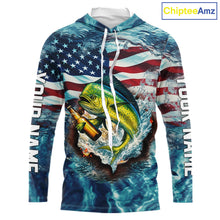 Load image into Gallery viewer, American Flag Mahi Mahi (Dorado) Fishing Custom Name Blue Water Camo Long Sleeve Hooded Fishing Shirt NBT689