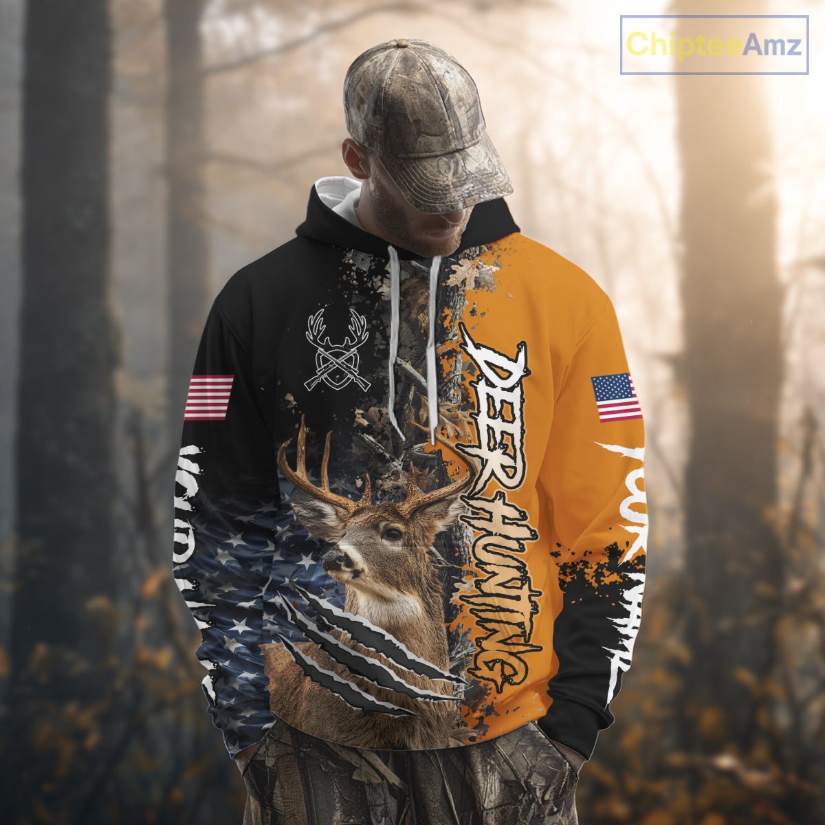 Whitetail Deer Hunting Orange Forest Camo US Flag Shirts, Personalized Hunting Shirt NBT258