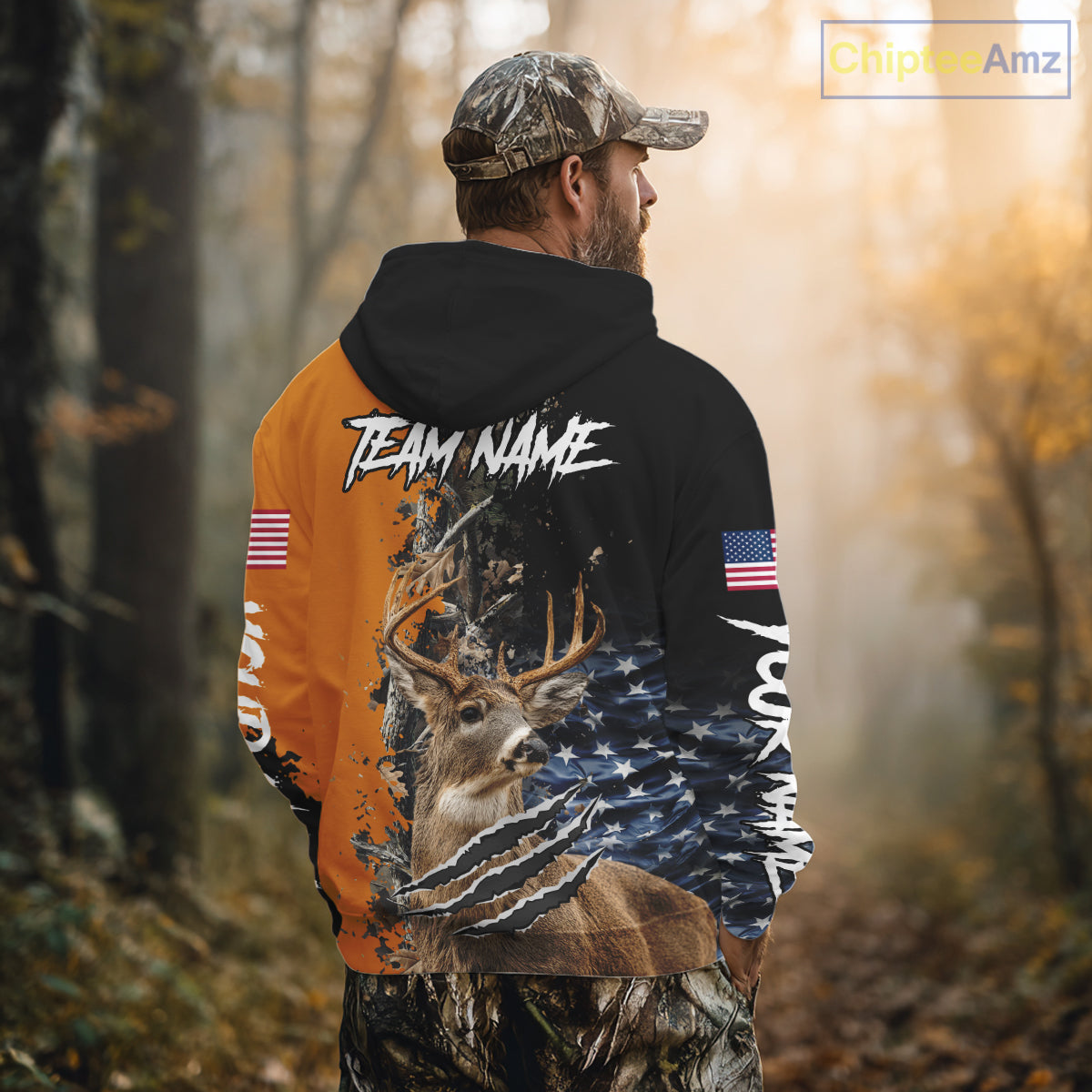 Whitetail Deer Hunting Orange Forest Camo US Flag Shirts, Personalized Hunting Shirt NBT258