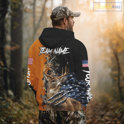 Whitetail Deer Hunting Orange Forest Camo US Flag Shirts, Personalized Hunting Shirt NBT258