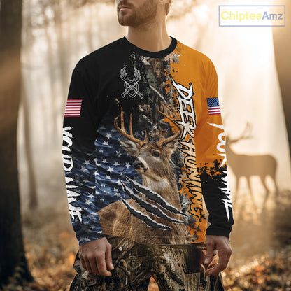 Whitetail Deer Hunting Orange Forest Camo US Flag Shirts, Personalized Hunting Shirt NBT258