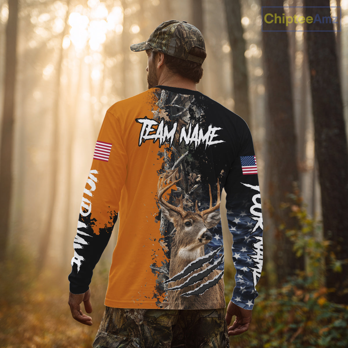 Whitetail Deer Hunting Orange Forest Camo US Flag Shirts, Personalized Hunting Shirt NBT258