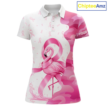 Matching golf polo shirt with pink flamingo design and breast cancer awareness ribbons