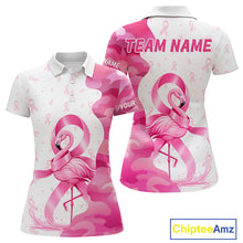 Load image into Gallery viewer, Front and back views of a womens Breast Cancer Awareness flamingo and pink ribbon golf polo shirt, name text on the sleeve and team name on the back.