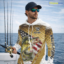 Load image into Gallery viewer, American Flag Walleye Long Sleeve Hooded Fishing Shirts Fish Scale, Custom Patriotric Walleye Fishing Shirts NBT394