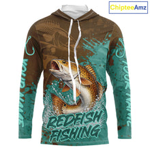 Load image into Gallery viewer, Personalized Redfish Long Sleeve Hooded Fishing Shirts Brown Turquoise Camo, Redfish Fishing Shirts For Men NBT396