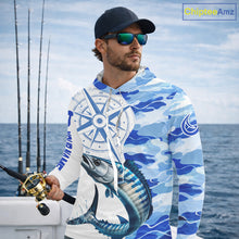 Load image into Gallery viewer, Custom Blue Camo Saltwater Wahoo Long Sleeve Hooded Fishing Shirts, Offshore Fishing Shirt NBT796