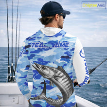 Load image into Gallery viewer, Custom Blue Camo Saltwater Wahoo Long Sleeve Hooded Fishing Shirts, Offshore Fishing Shirt NBT796