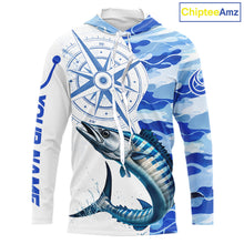 Load image into Gallery viewer, Custom Blue Camo Saltwater Wahoo Long Sleeve Hooded Fishing Shirts, Offshore Fishing Shirt NBT796