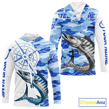 Load image into Gallery viewer, Custom Blue Camo Saltwater Wahoo Long Sleeve Hooded Fishing Shirts, Offshore Fishing Shirt NBT796