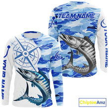 Load image into Gallery viewer, Front and back views of a walleye fishing shirt long sleeve with name text on the sleeve and team name on the back.