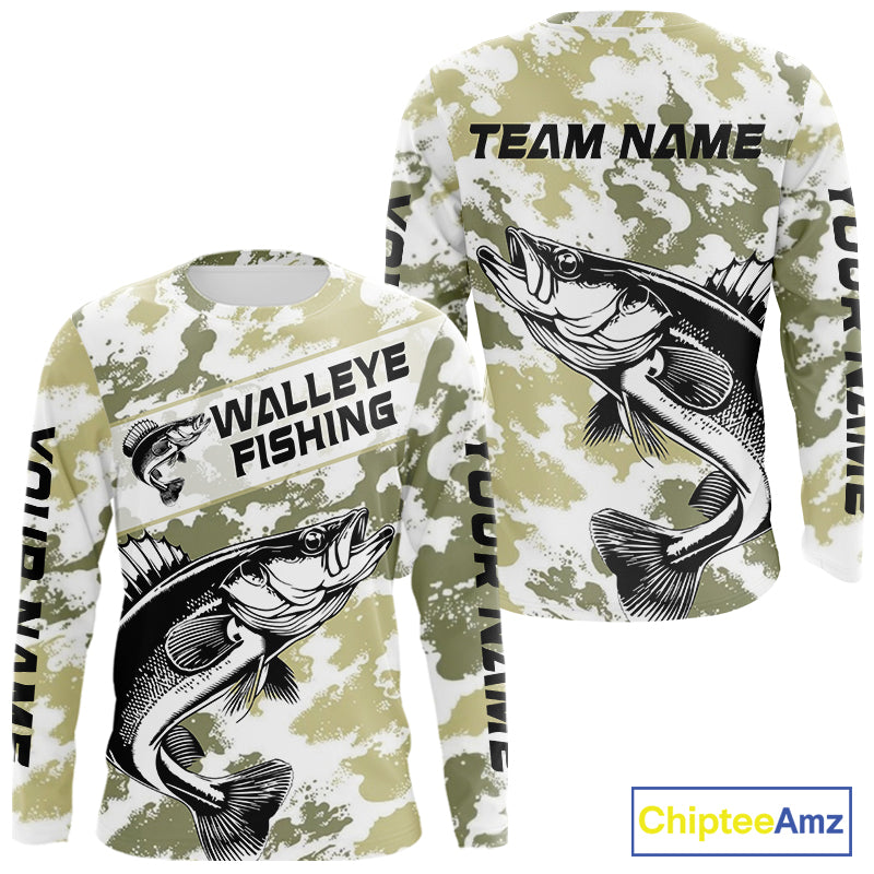Custom Walleye Fishing Camo Long Sleeve Fishing Shirts, Personalized Walleye Fishing Team Jerseys NBT697