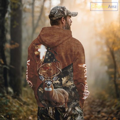 Whitetail Deer Hunting Leather Pattern US Flag Camouflage Custom Name 3D Shirts for Men NBT262