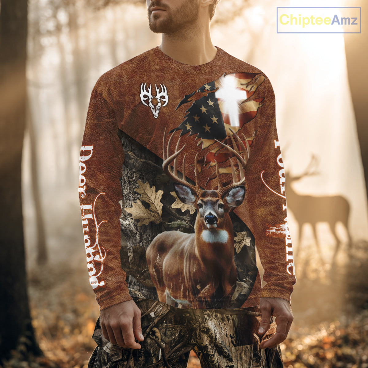Whitetail Deer Hunting Leather Pattern US Flag Camouflage Custom Name 3D Shirts for Men NBT262