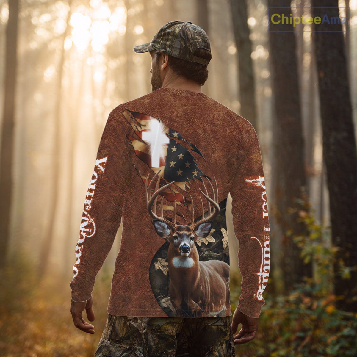 Whitetail Deer Hunting Leather Pattern US Flag Camouflage Custom Name 3D Shirts for Men NBT262