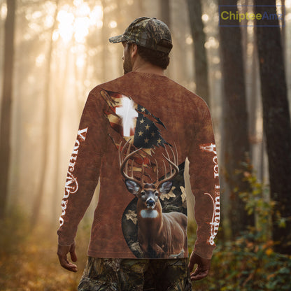 Whitetail Deer Hunting Leather Pattern US Flag Camouflage Custom Name 3D Shirts for Men NBT262