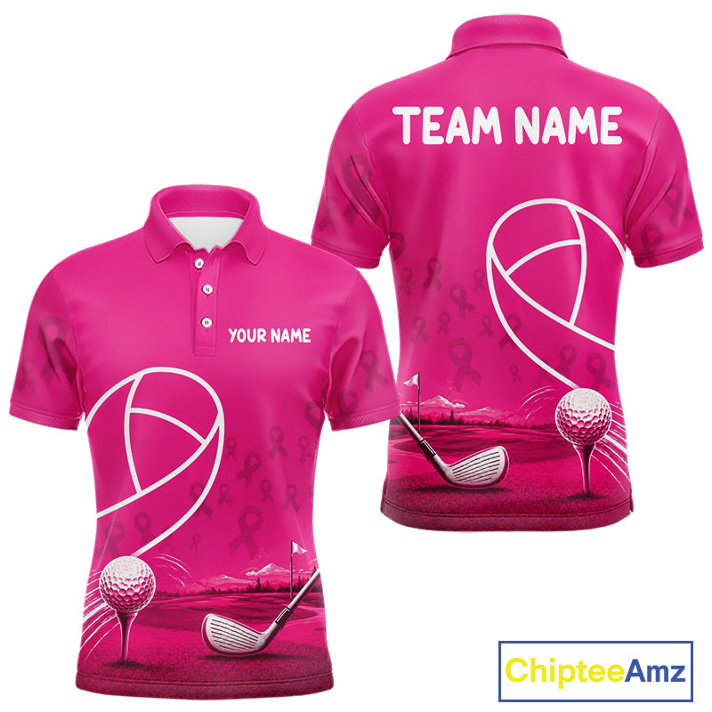 Breast Cancer Pink Ribbon Mens Golf Polo Shirts Custom Golf Shirts For Men Golfing Gifts NBT703