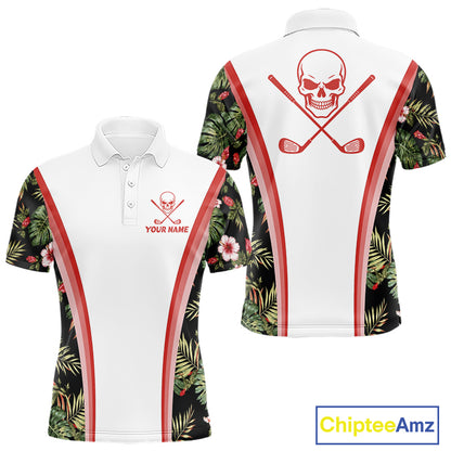 Custom Mens Golf Polo Shirts Funny Tropical Leaf Cross Skull Golf Clubs White Golf Shirt|Red NBT704