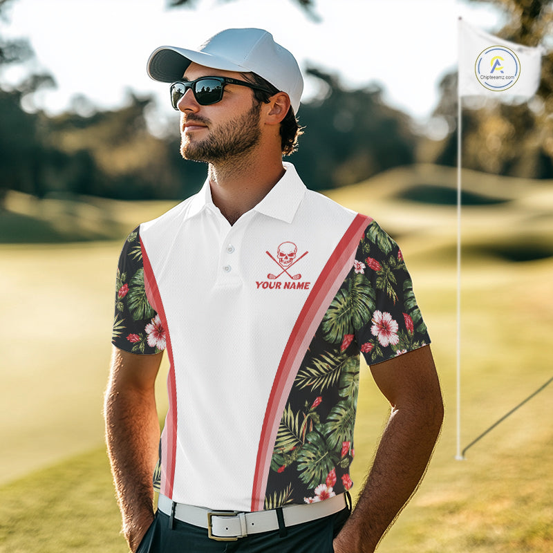 Custom Mens Golf Polo Shirts Funny Tropical Leaf Cross Skull Golf Clubs White Golf Shirt|Red NBT704