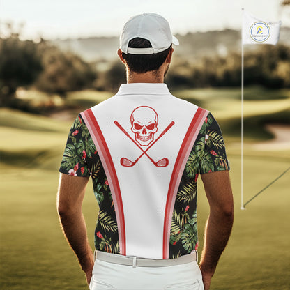 Custom Mens Golf Polo Shirts Funny Tropical Leaf Cross Skull Golf Clubs White Golf Shirt|Red NBT704