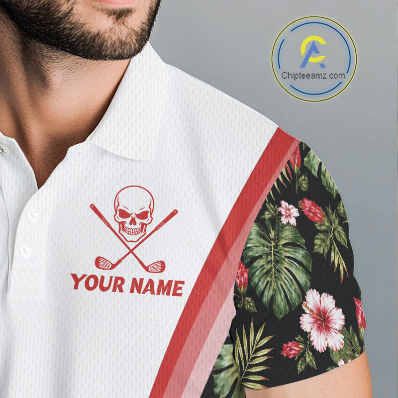 Custom Mens Golf Polo Shirts Funny Tropical Leaf Cross Skull Golf Clubs White Golf Shirt|Red NBT704