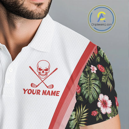Custom Mens Golf Polo Shirts Funny Tropical Leaf Cross Skull Golf Clubs White Golf Shirt|Red NBT704