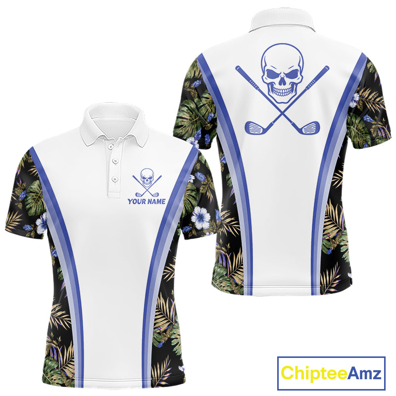Custom Mens Golf Polo Shirts Funny Tropical Leaf Cross Skull Golf Clubs White Golf Shirt|Blue NBT705