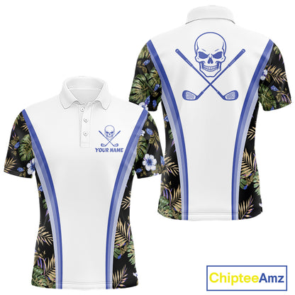 Custom Mens Golf Polo Shirts Funny Tropical Leaf Cross Skull Golf Clubs White Golf Shirt|Blue NBT705