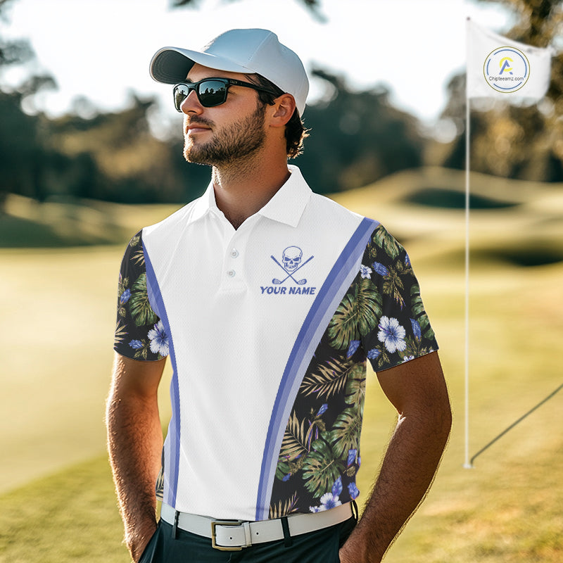 Custom Mens Golf Polo Shirts Funny Tropical Leaf Cross Skull Golf Clubs White Golf Shirt|Blue NBT705