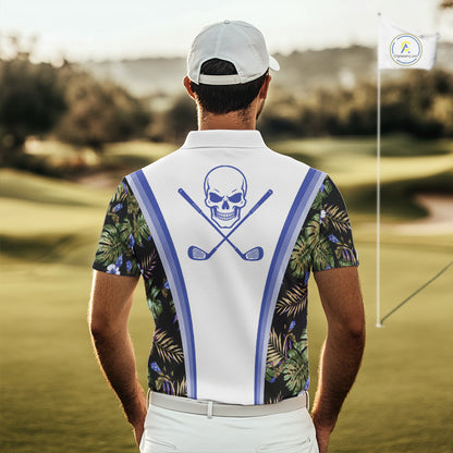 Custom Mens Golf Polo Shirts Funny Tropical Leaf Cross Skull Golf Clubs White Golf Shirt|Blue NBT705