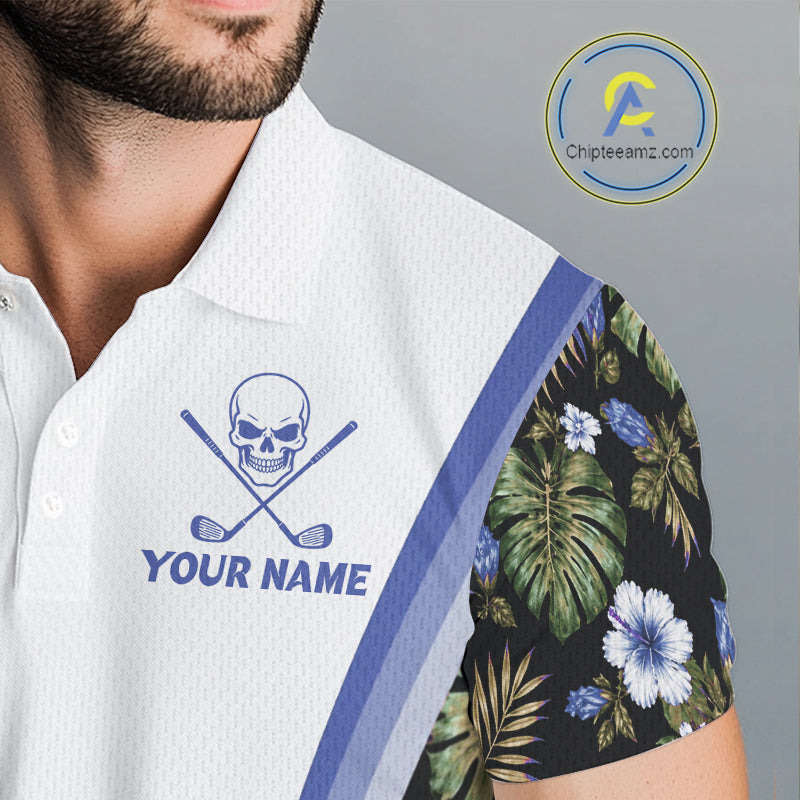 Custom Mens Golf Polo Shirts Funny Tropical Leaf Cross Skull Golf Clubs White Golf Shirt|Blue NBT705