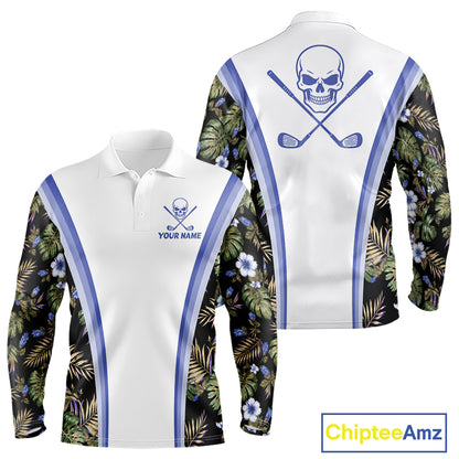 Custom Mens Golf Polo Shirts Funny Tropical Leaf Cross Skull Golf Clubs White Golf Shirt|Blue NBT705