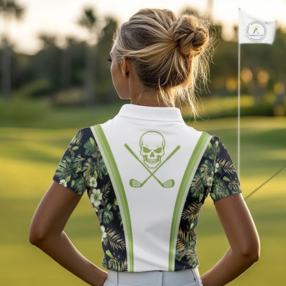 Custom Womens Golf Polo Shirts Funny Tropical Leaf Cross Skull Golf Clubs White Golf Shirt|Green NBT706