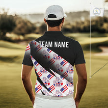 Load image into Gallery viewer, Man on a golf course wearing a black American 250th anniversary golf polo shirt with 'TEAM NAME' text