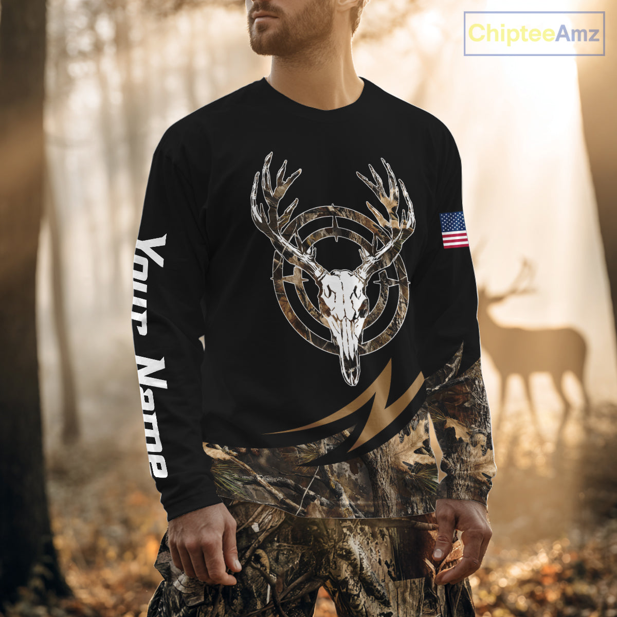 Deer Hunting Camo with US Flag 3D Printed Shirts for Men, Best Gift Ideas for Hunters NBT186