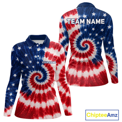 Front and back view of American flag tie dye womens long sleeve golf polo shirt