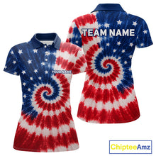 Load image into Gallery viewer, Front and back view of American flag tie dye womens golf polo shirt with personalized name