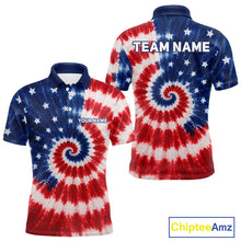 Load image into Gallery viewer, Front and back view of American flag tie dye mens golf polo shirt with personalized name