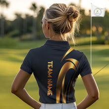 Load image into Gallery viewer, Woman wearing a Black and Gold mens golf polo shirt and 'Team Name' text on the back, standing on a golf course.