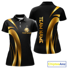 Load image into Gallery viewer, Front and back view of Black and Gold womens golf polo shirt with custom golf clubs design and personalized name