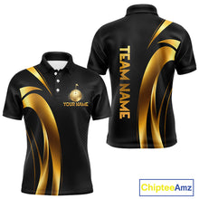 Load image into Gallery viewer, Front and back view of Black and Gold mens golf polo shirt with custom golf clubs design with personalized name
