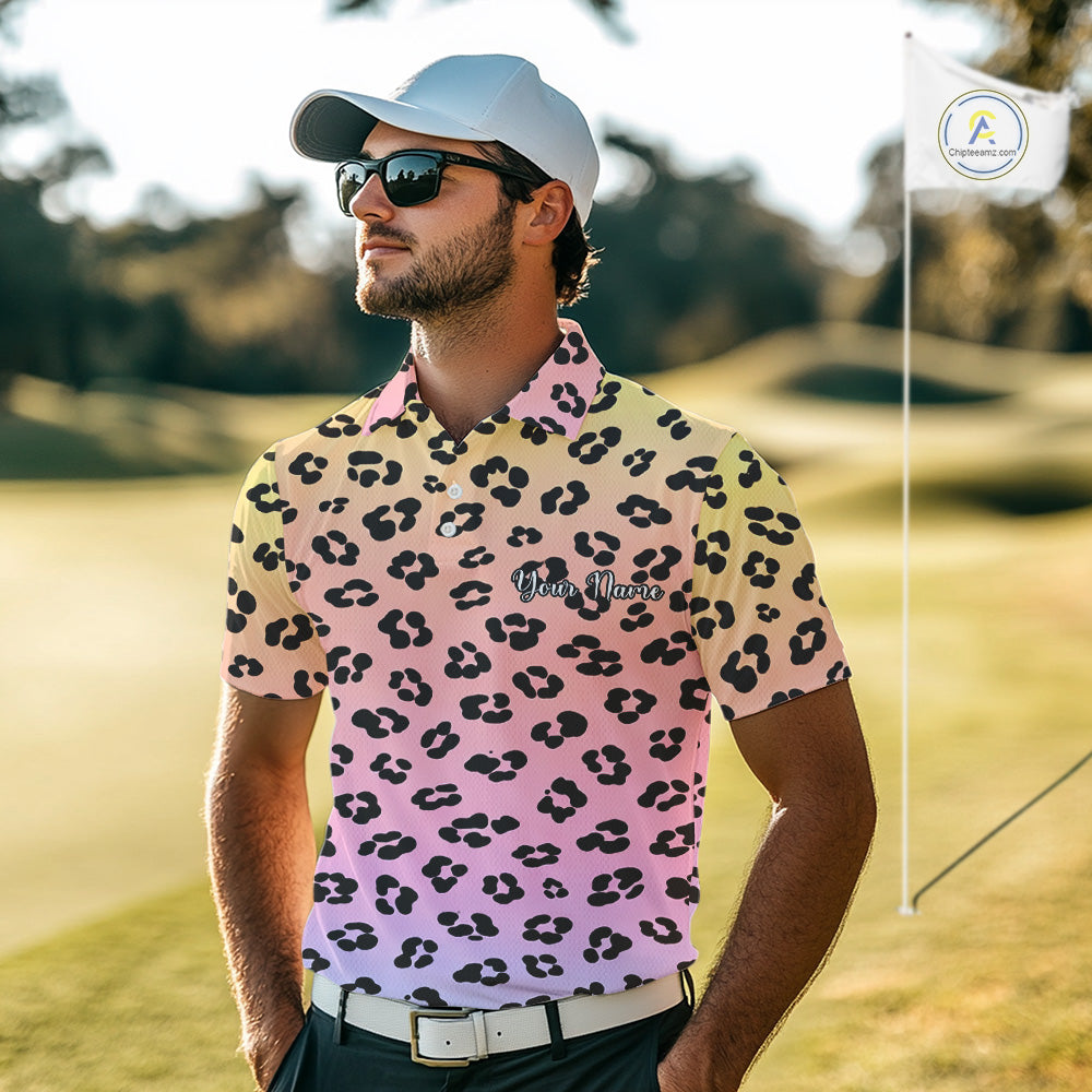 Mens Golf Polo Shirts Custom Colorful Neon Gradient Leopard Pattern Team Mens Golf Top, Golf Gifts NBT493