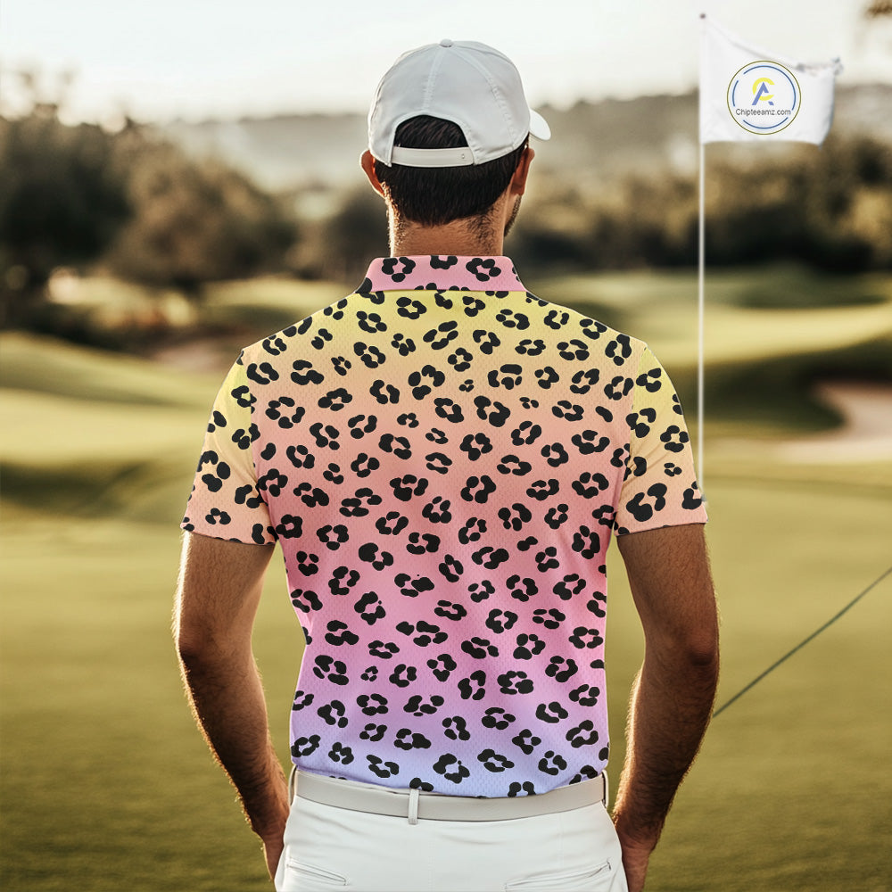 Mens Golf Polo Shirts Custom Colorful Neon Gradient Leopard Pattern Team Mens Golf Top, Golf Gifts NBT493