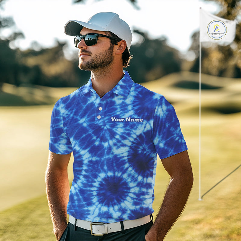 Mens Golf Polo Shirts Blue Tie Dye Background Custom Name Golf Shirt, Golf Gifts NBT569