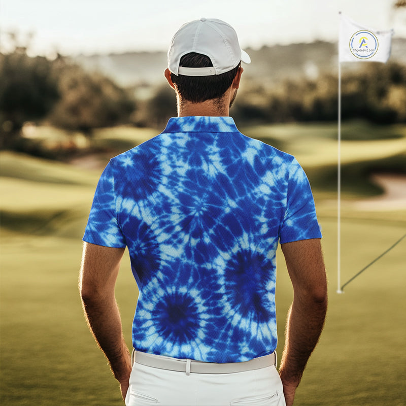 Mens Golf Polo Shirts Blue Tie Dye Background Custom Name Golf Shirt, Golf Gifts NBT569